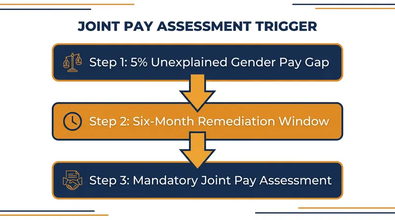 An unexplained 5% pay gap triggers a mandatory Joint Pay Assessment if not remedied within six months.