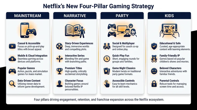 Netflix is streamlining its gaming division to focus on four core pillars of high-engagement content.