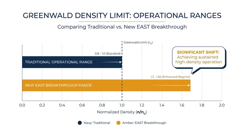 EAST researchers pushed plasma density up to 65% beyond the theoretical Greenwald limit.