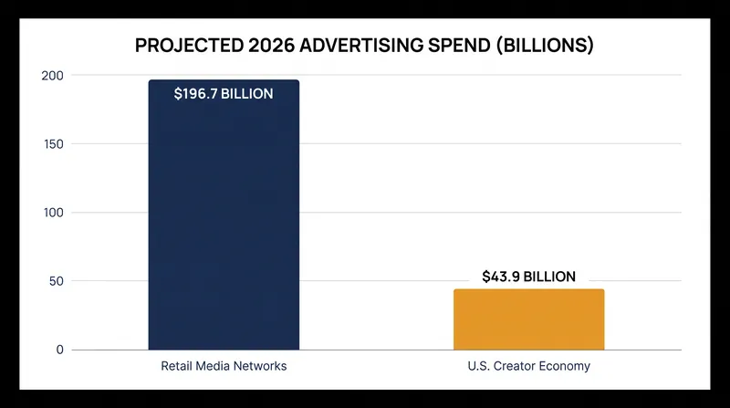 Retail media and creator economy ad spend are projected to reach historic highs in 2026.