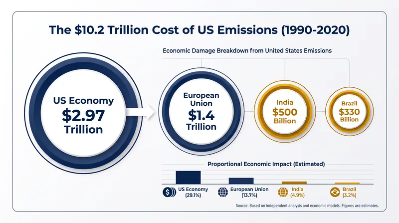 While developing nations suffered heavily, roughly 30% of the economic damage caused by US emissions fell on the US economy itself.