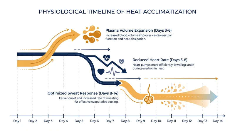 The biological timeline of heat acclimatization shows that full physiological adaptation requires up to two weeks of controlled exposure.