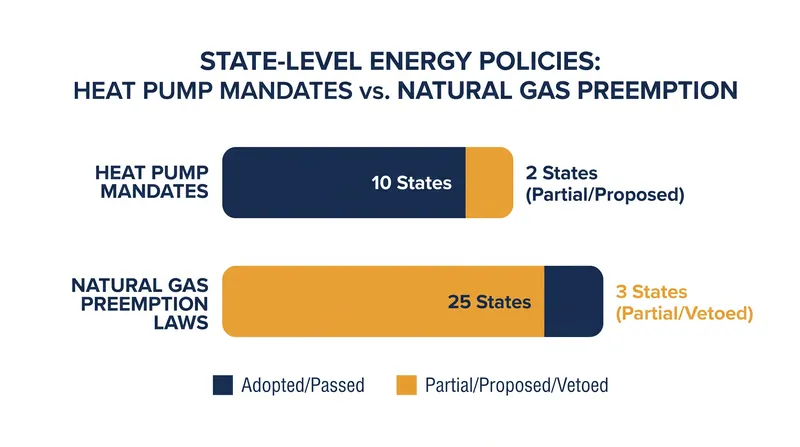 The national regulatory landscape is fracturing between states mandating electrification and those protecting natural gas infrastructure.