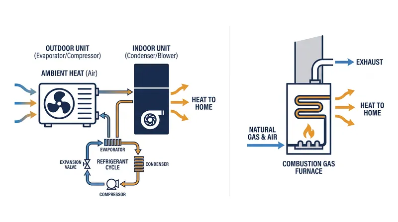 Unlike gas furnaces that burn fuel to create heat, heat pumps use electricity to transfer ambient heat from the outside air into the home.