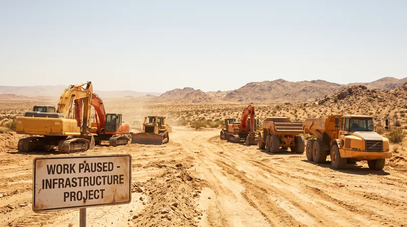 Heavy machinery sits idle in the Chihuahuan Desert following the temporary construction pause ordered by CBP.