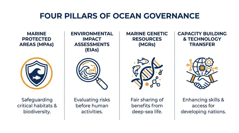 The four core pillars of the BBNJ Agreement.