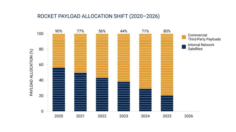 Starlink's share of Falcon 9 missions has grown from 54% in 2020 to nearly 79% in 2026.
