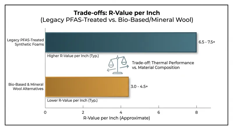 Bio-based alternatives often require thicker applications to match the thermal resistance of legacy synthetic foams.
