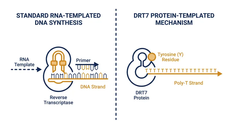 Unlike standard polymerases, DRT7 uses a specific amino acid pocket to geometrically constrain and build a DNA strand.