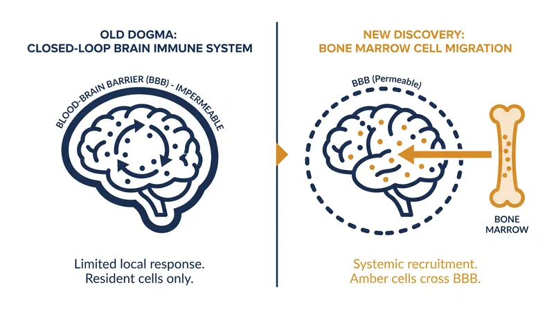 The revised model of neuroimmunology shows bone marrow-derived cells crossing the blood-brain barrier to replenish the microglial pool.