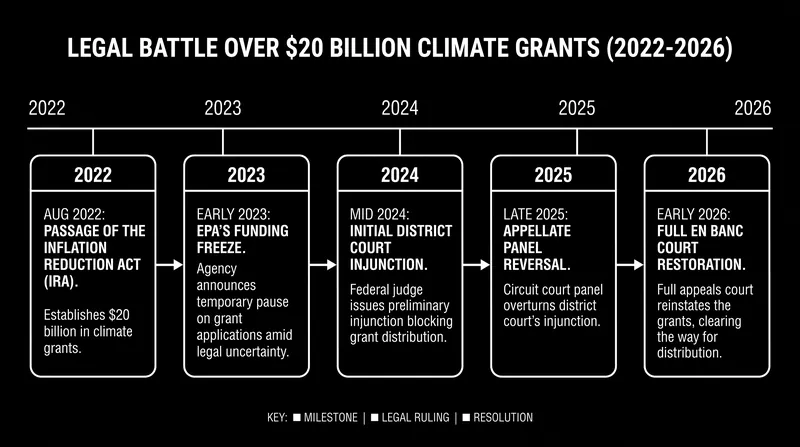 The legal timeline of the frozen federal climate grants.