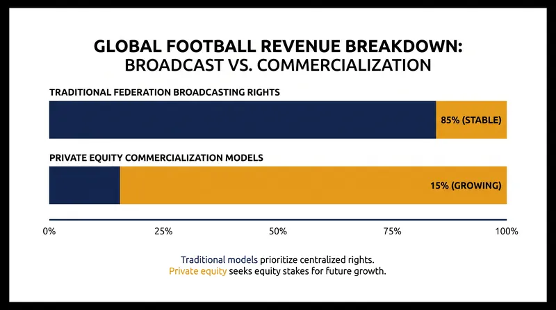 Traditional federation control relies heavily on broadcasting rights, while private equity models seek to aggressively monetize new commercial avenues.