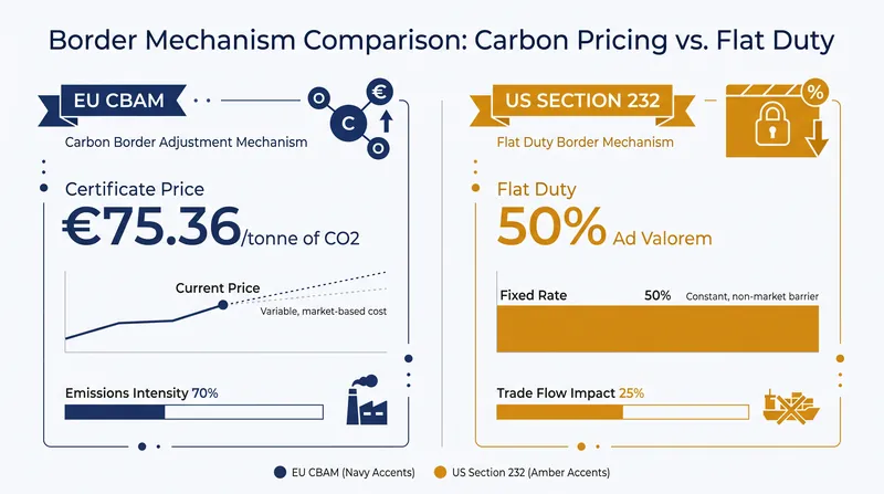 While the EU ties its border charge to the price of carbon, the US relies on a flat ad valorem tariff.