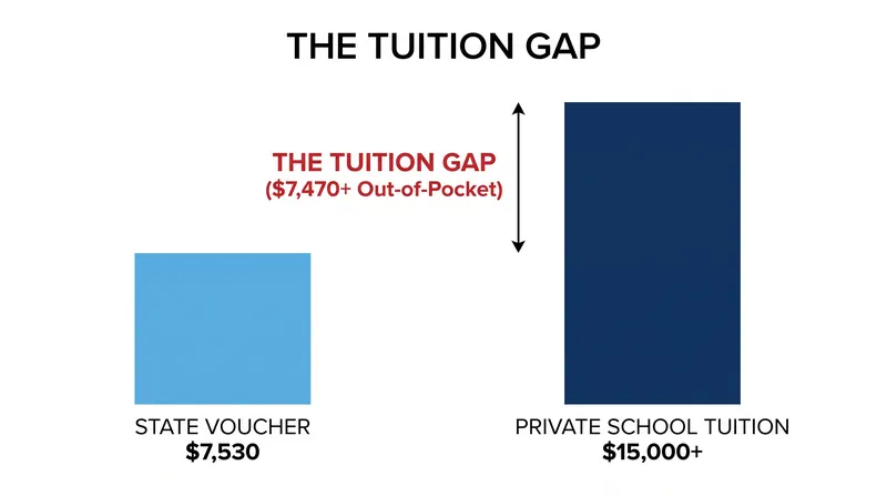 The tuition gap explains why low-income families struggle to utilize vouchers, as the subsidy rarely covers the full cost of private enrollment.
