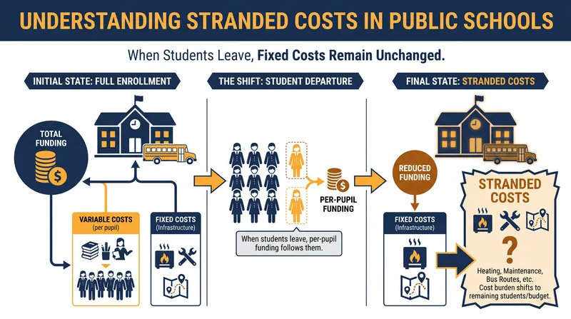 When students leave with a voucher, public schools lose funding but cannot proportionally reduce fixed operational costs.