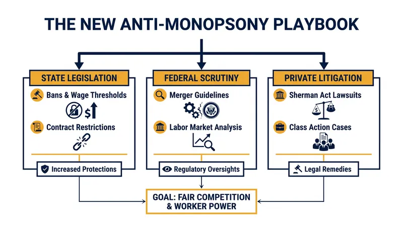 The fight against labor monopsony has decentralized into three distinct legal strategies.