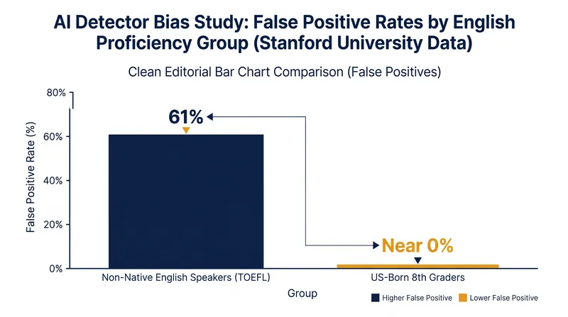 A Stanford study found that AI detectors falsely flagged 61 percent of essays written by non-native English speakers.