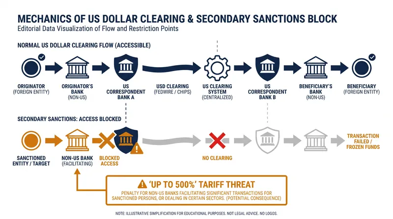 How secondary sanctions leverage the US dollar clearing system to enforce foreign policy.