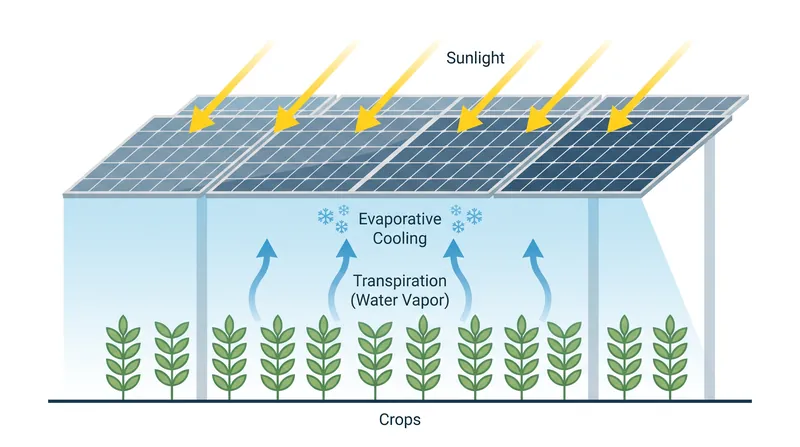 The microclimate created by agrivoltaics benefits both systems: panels reduce soil evaporation, while plant transpiration cools the panels to increase electrical efficiency.