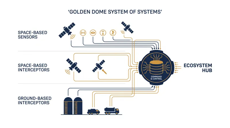 The architecture integrates space-based sensors and interceptors with existing ground-based defense systems.