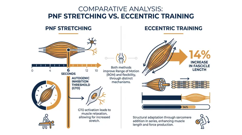 Comparing the physiological mechanisms of PNF stretching and eccentric training.