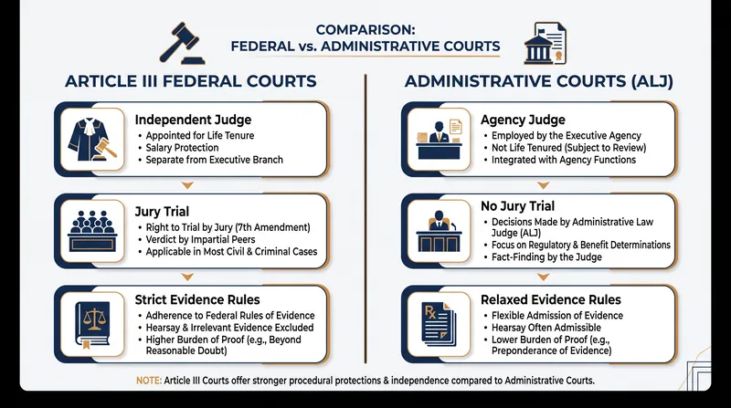 Key differences between standard federal courts and agency administrative courts.