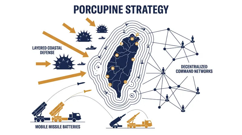 The 'porcupine strategy' relies on dispersed, highly mobile weapons systems rather than large, vulnerable platforms.