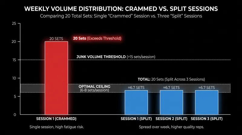 Distributing 20 weekly sets across multiple days prevents any single session from crossing into unproductive junk volume.