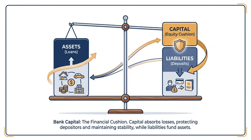 Bank capital acts as the equity cushion that absorbs losses before depositors or taxpayers are affected.