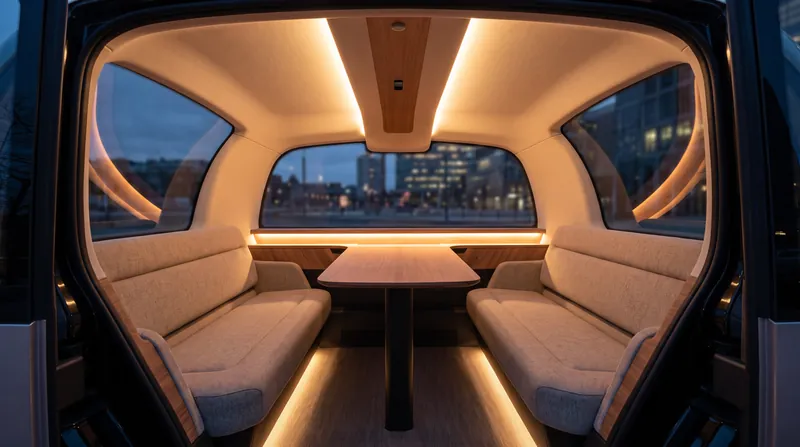 The removal of traditional driving controls allows for a spacious, carriage-style seating arrangement.