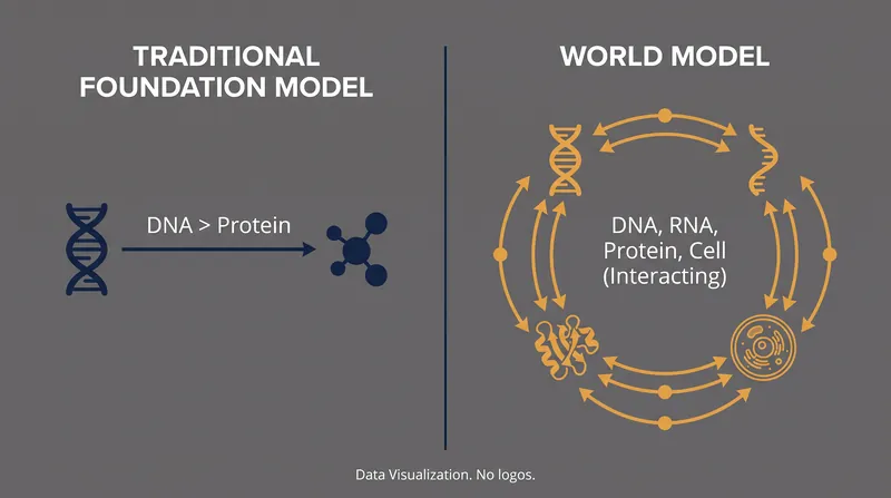 Unlike traditional foundation models, a world model connects multiple biological layers into a continuous, stateful simulation.