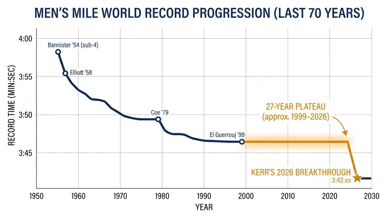 The 27-year gap between El Guerrouj and Kerr was the longest plateau in the history of the mile record.