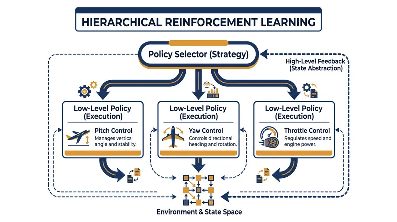 Hierarchical Reinforcement Learning divides complex flight tasks into strategic decisions and tactical execution.
