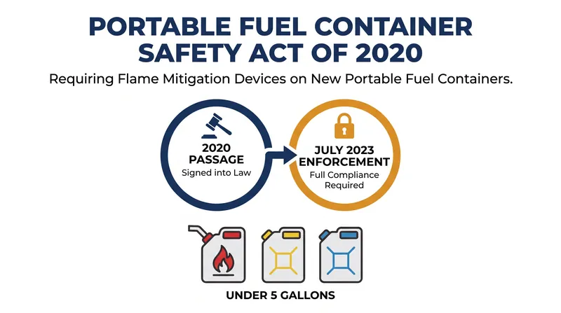 The 2020 federal law mandates flame mitigation devices for all consumer fuel containers under five gallons.