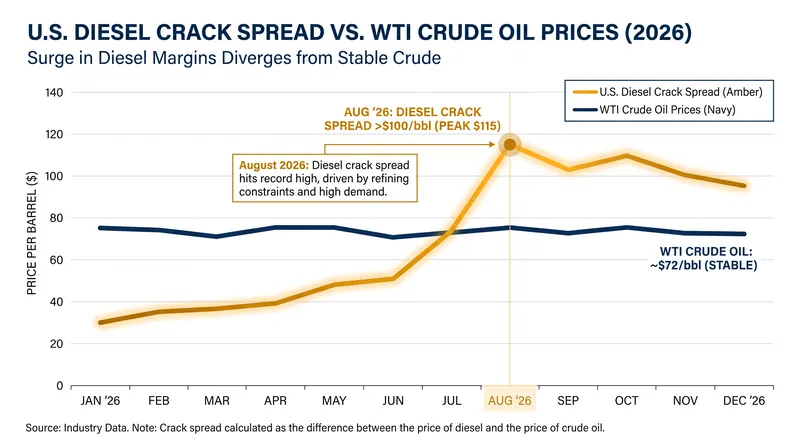 The diesel crack spread measures the premium refiners earn over the cost of raw crude oil.