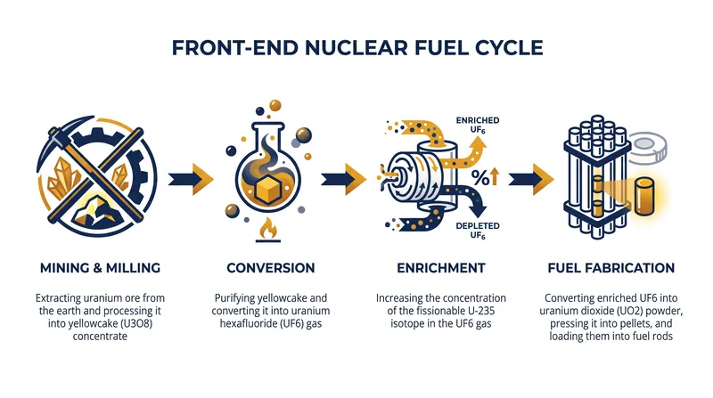 The front-end nuclear fuel cycle requires precise coordination across multiple specialized industrial stages.
