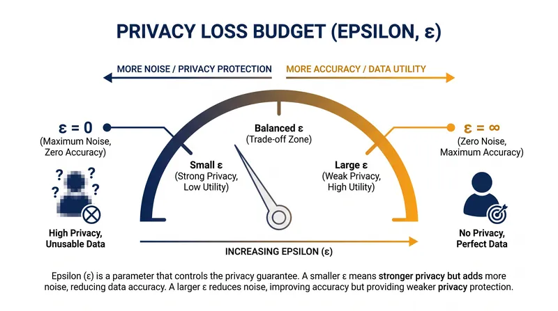 The privacy loss budget (epsilon) acts as a dial controlling the trade-off between data utility and individual privacy.