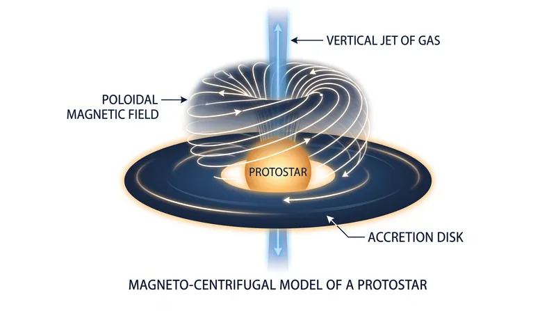 How rotating gas in an accretion disk twists magnetic field lines into a toroidal funnel, launching and collimating stellar jets.