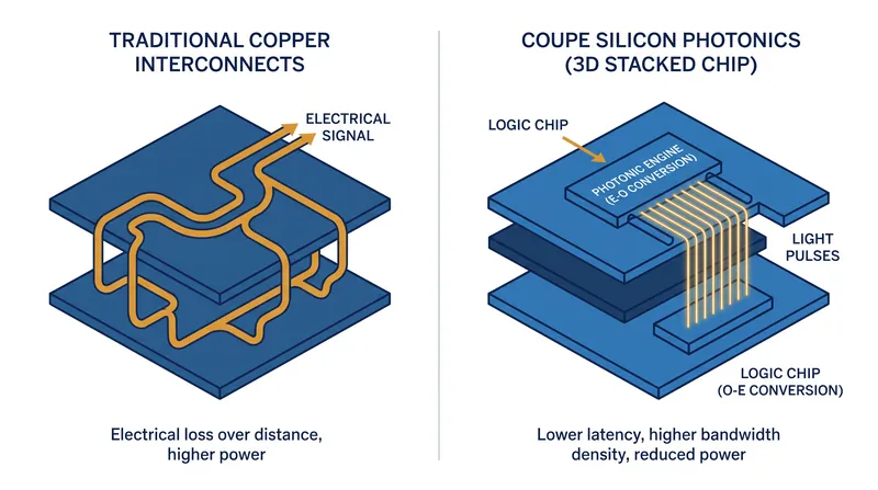How 3D stacking reduces electrical handoff distance and powers optical transmission.