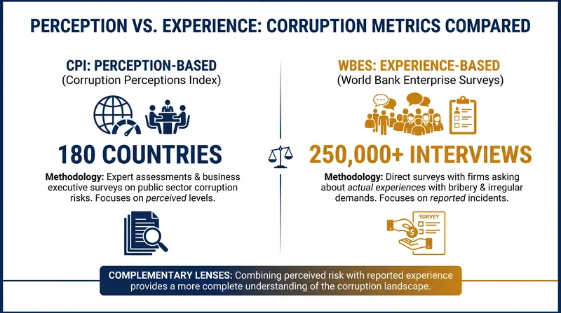 Comparing the scale and scope of the two dominant corruption measurement methodologies.