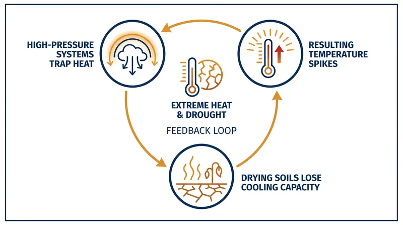 Drying soils lose their natural evaporative cooling capacity, creating a feedback loop that amplifies surface temperatures.