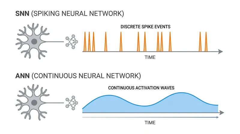 Spiking neural networks save energy by only firing when triggered by an event.