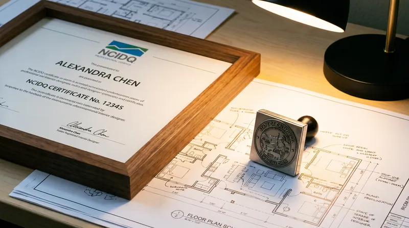 Stamping privileges are strictly reserved for NCIDQ-certified designers who have passed rigorous exams on building codes and safety.