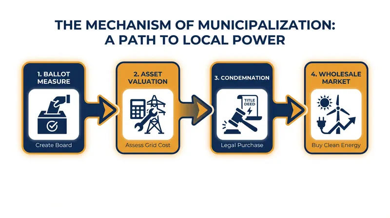 The multi-year process required for a city to forcibly acquire an investor-owned utility.