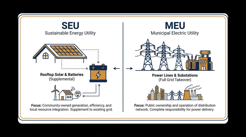 While the existing SEU provides supplemental solar power, the proposed MEU would take over the entire distribution grid.