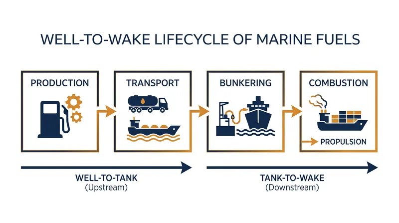 The well-to-wake approach ensures emissions are not simply shifted upstream to fuel producers.