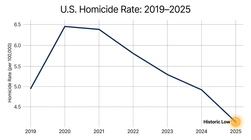 The national homicide rate spiked during the pandemic but has since fallen to levels not seen since the mid-1950s.