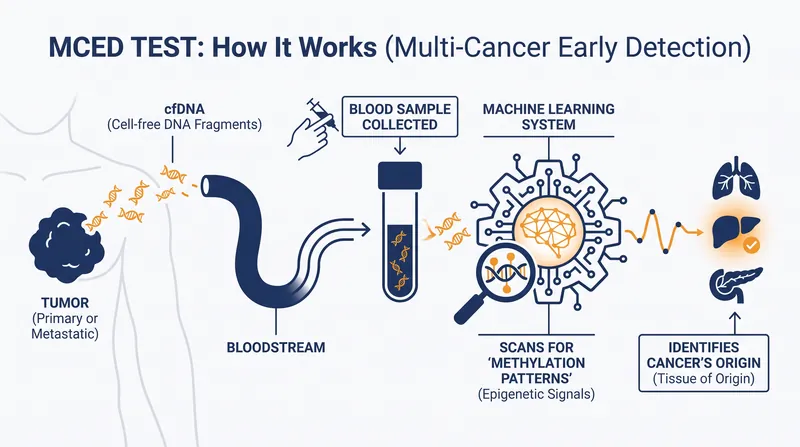 The test detects cancer by identifying distinct chemical tags on tumor DNA circulating in the blood.
