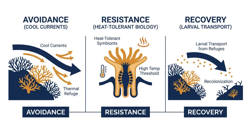 Climate refugia allow corals to survive through physical avoidance, biological resistance, or rapid recovery.