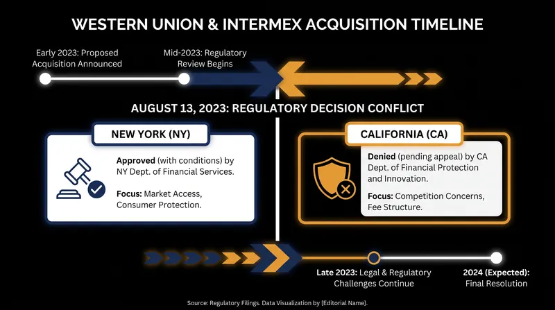 The multi-state regulatory timeline for the Western Union and Intermex merger.